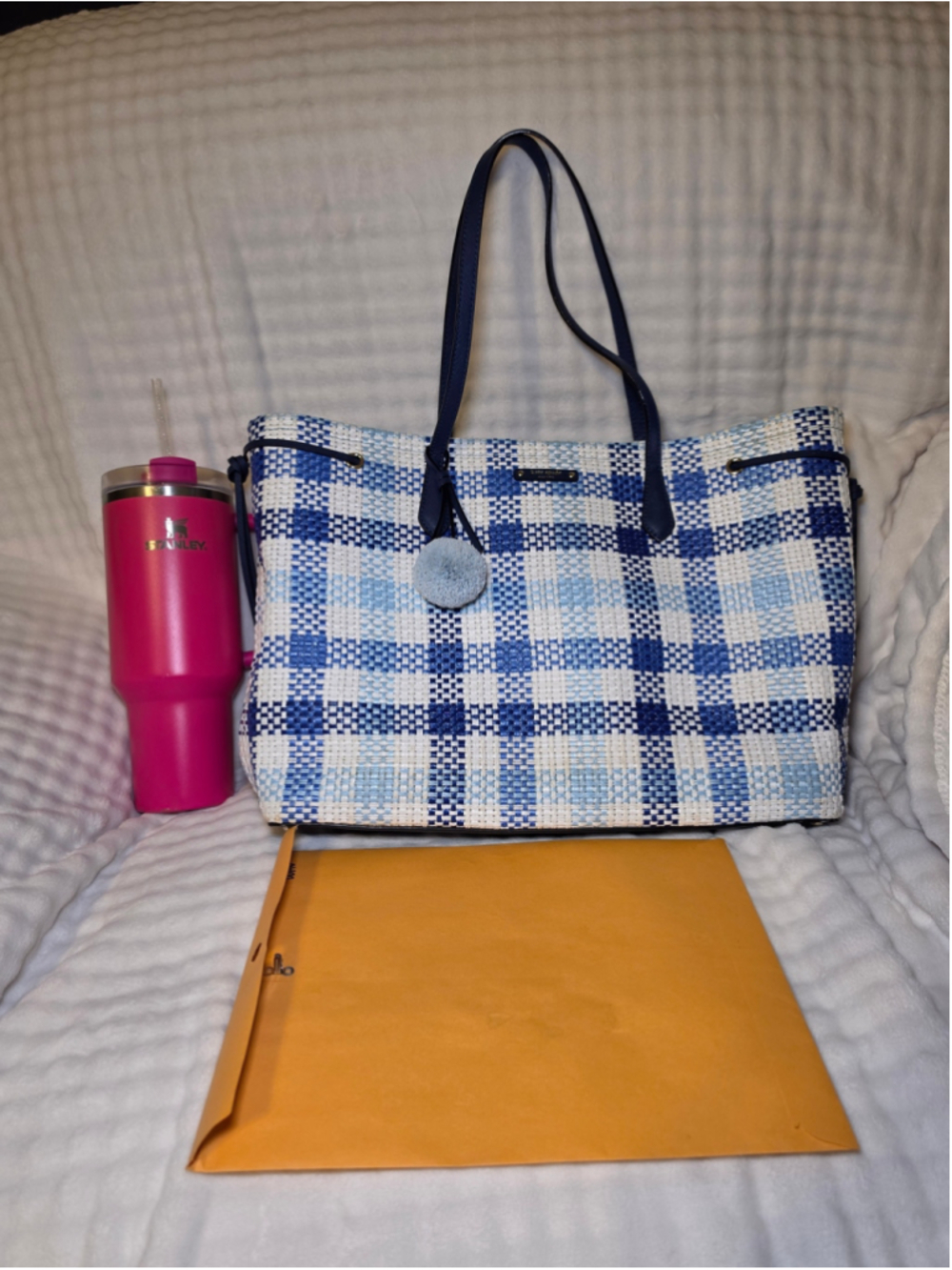 Women's Kate Spade Plaid Woven Tote Bag One Size Blue and White - Picture 5 of 9